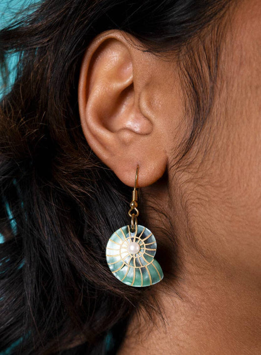Green Pearl Spiral Shell Earrings
