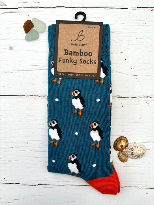 Bamboo Funky Socks: Teal with Puffins