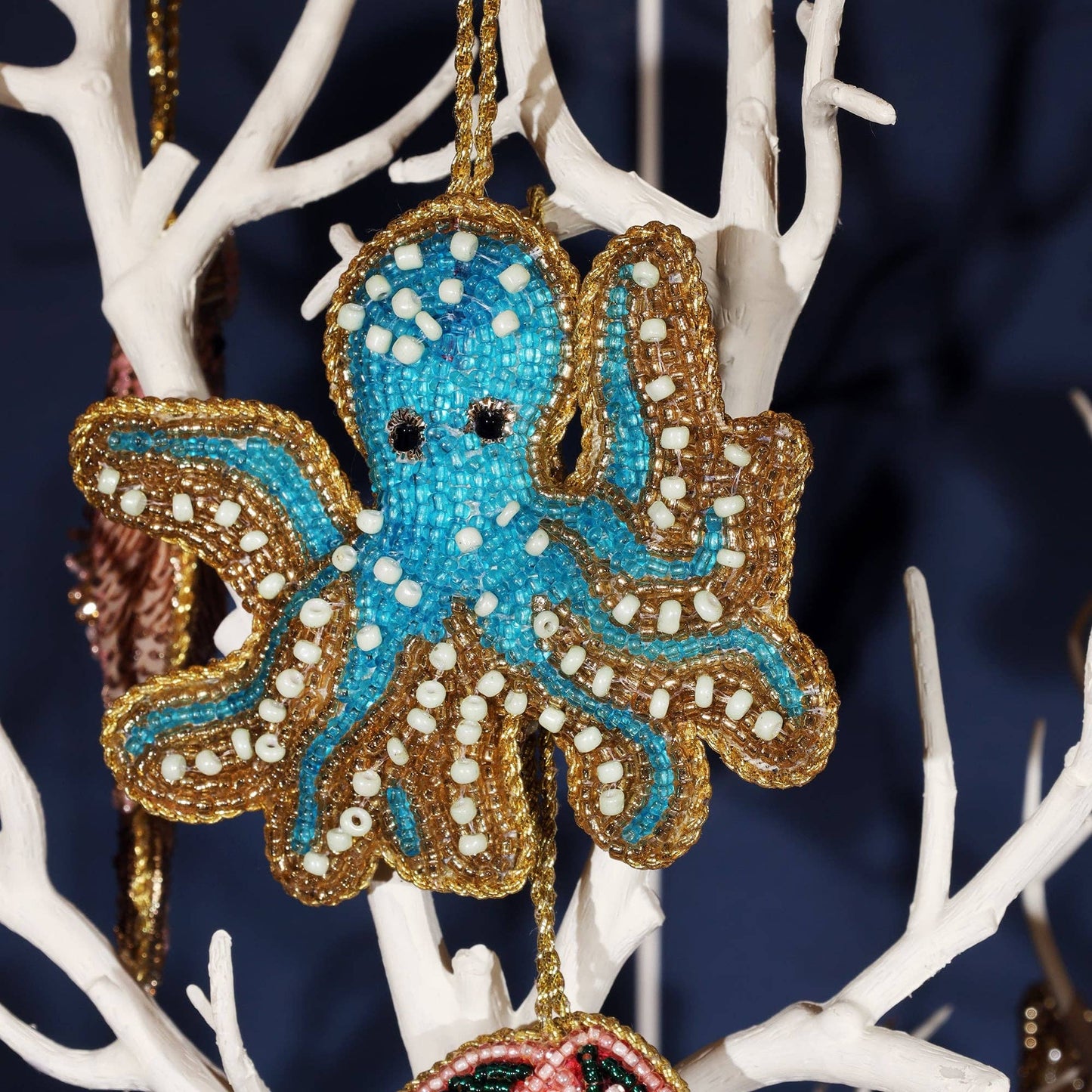 Beaded Blue & Gold Octopus Hanging Decoration