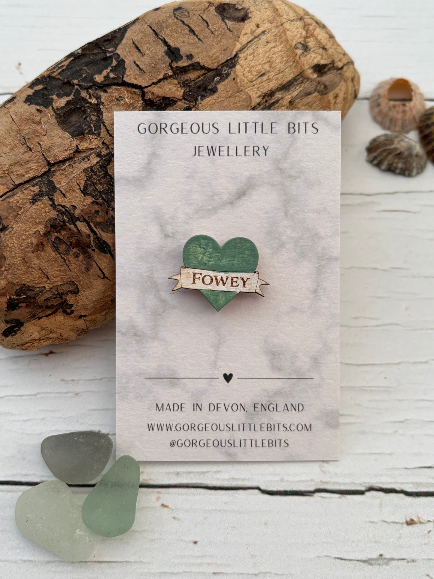 Fowey Sage Green Wooden Heart Pin Badge