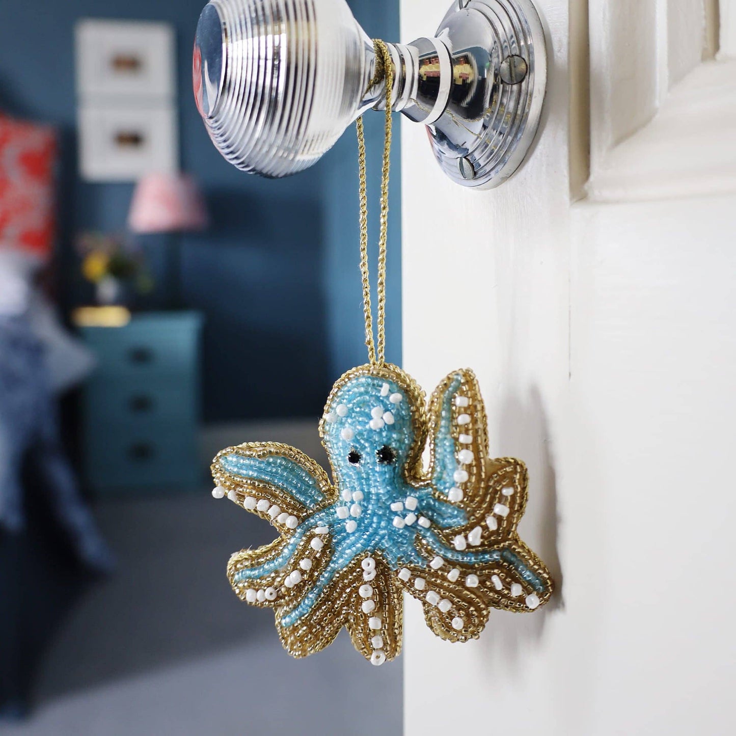Beaded Blue & Gold Octopus Hanging Decoration