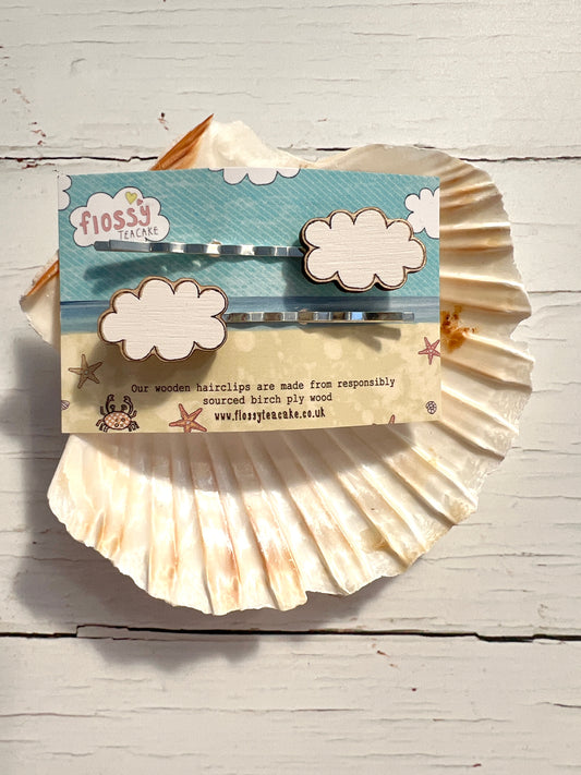 White Wooden Cloud Hairgrips