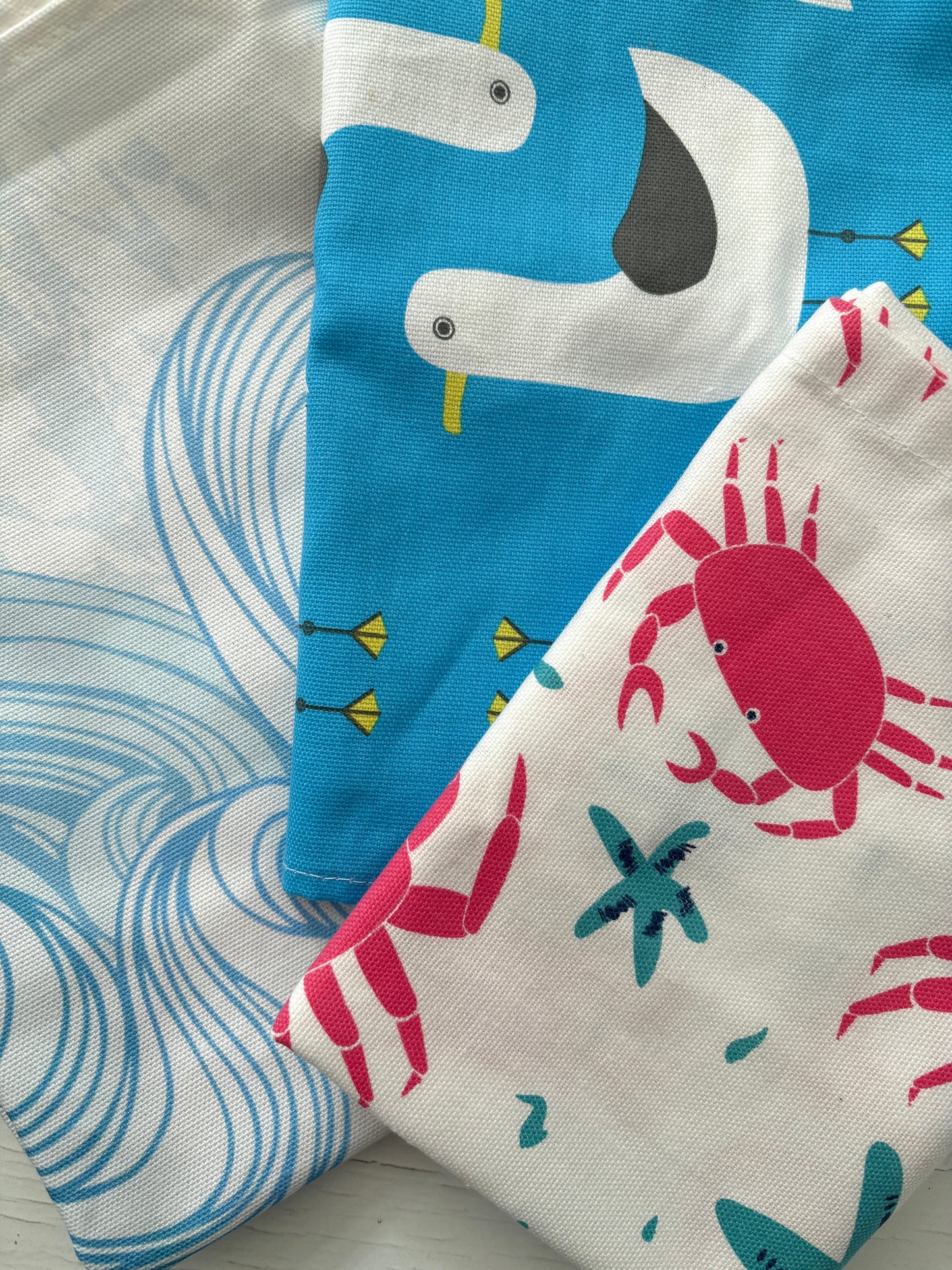 Cornish Teatowels: Seagulls; Crabs & Starfish; Surf; Cornish Pasty Recipe