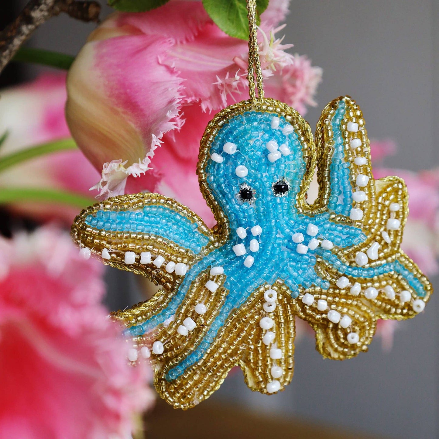 Beaded Blue & Gold Octopus Hanging Decoration
