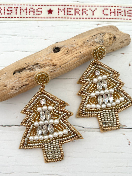 Gold & Pearl Christmas Tree Hand Beaded Stud Earrings