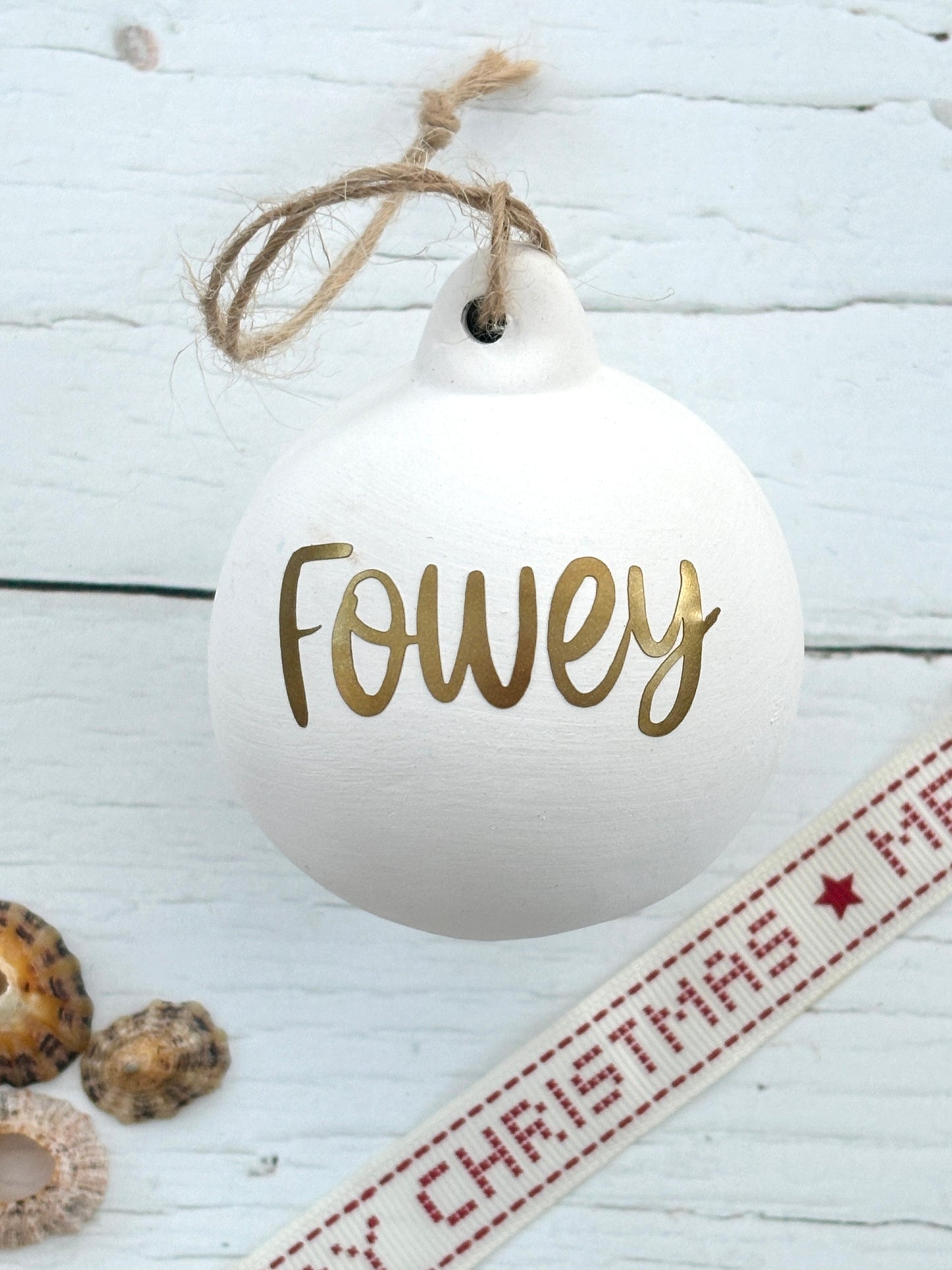 Fowey White Ceramic Christmas Tree Bauble Decoration