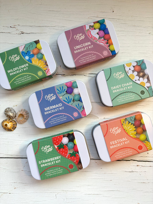 Wooden Bead Bracelet Making Kits in Gift Tins: Mermaid, Daisy, Unicorn, Wildflowers, Strawberry; Festival