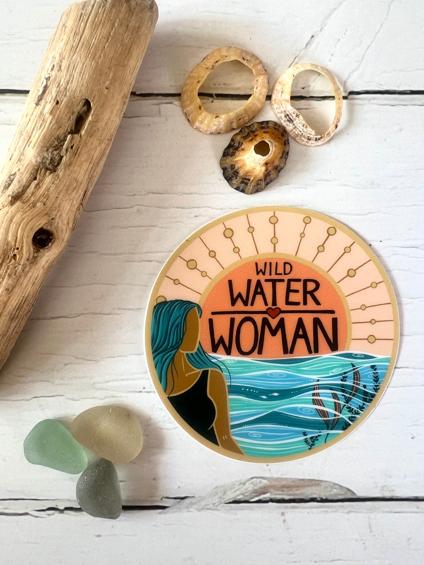 Wild Water Woman Round Vinyl Surf Sticker: Peach & Purple
