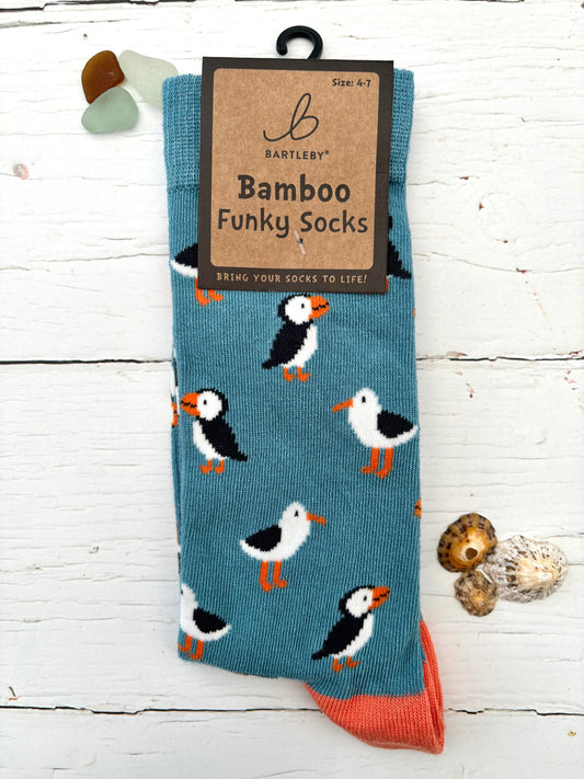 Bamboo Funky Socks: Blue with Seagulls & Puffins Size 4-7