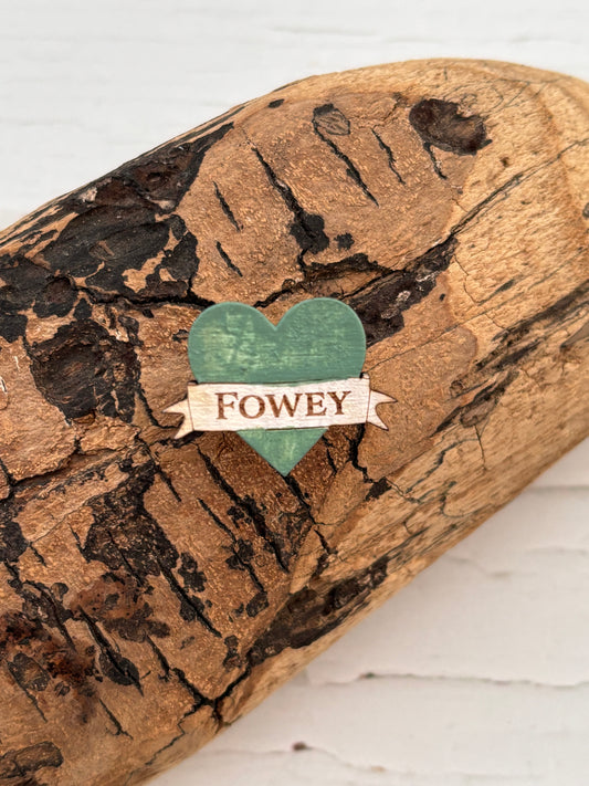 Fowey Sage Green Wooden Heart Pin Badge