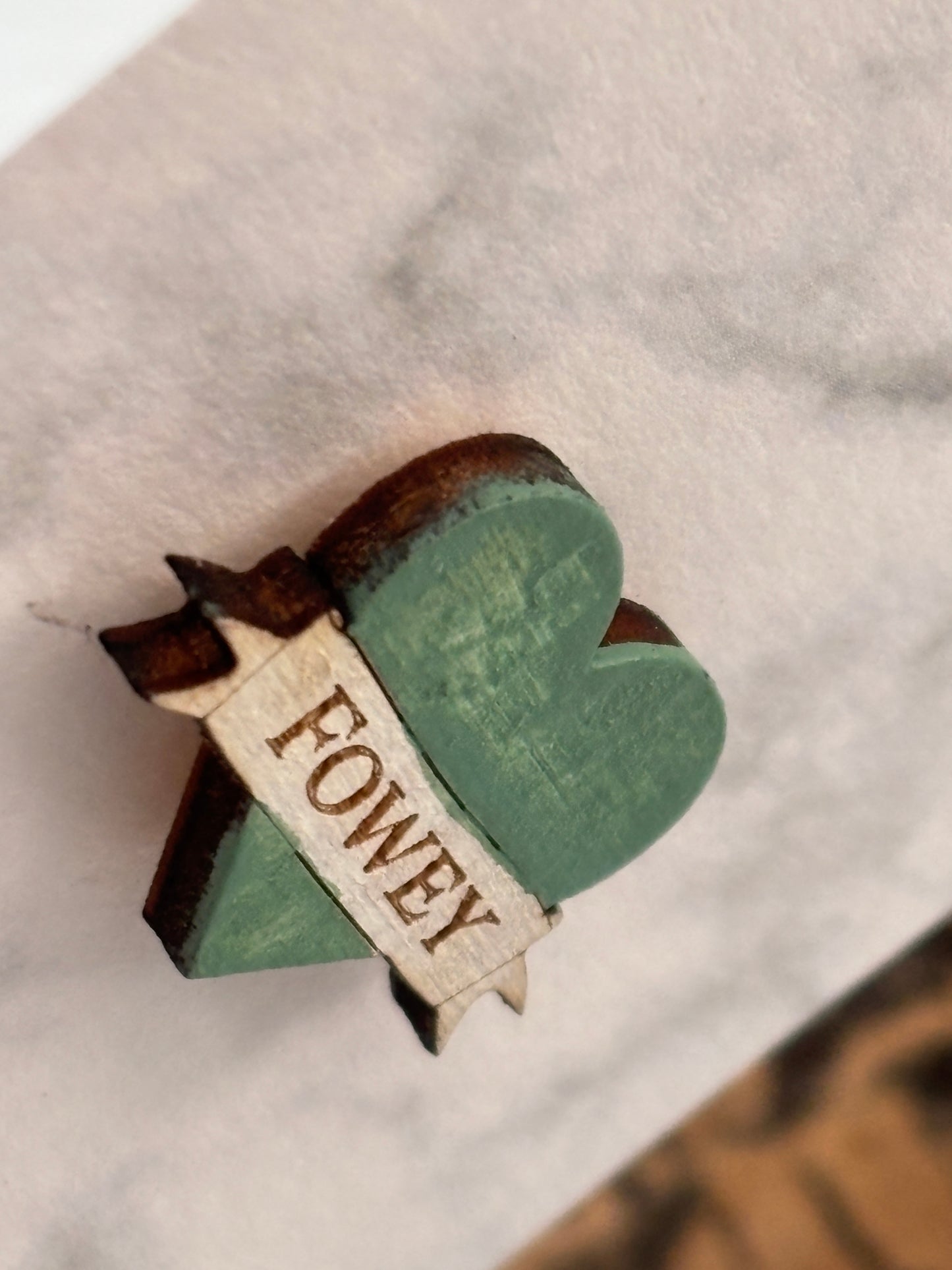 Fowey Sage Green Wooden Heart Pin Badge