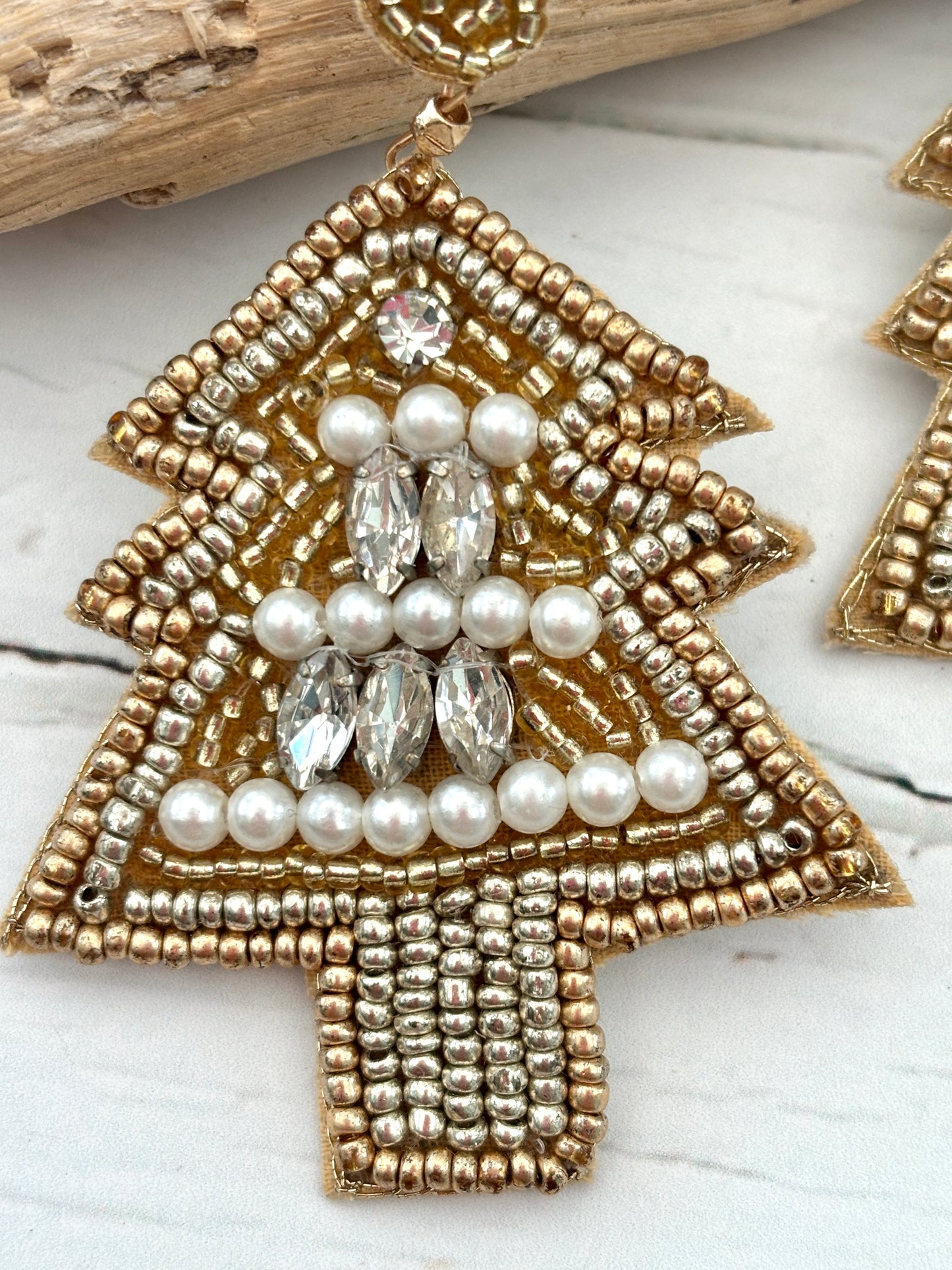 Gold & Pearl Christmas Tree Hand Beaded Stud Earrings