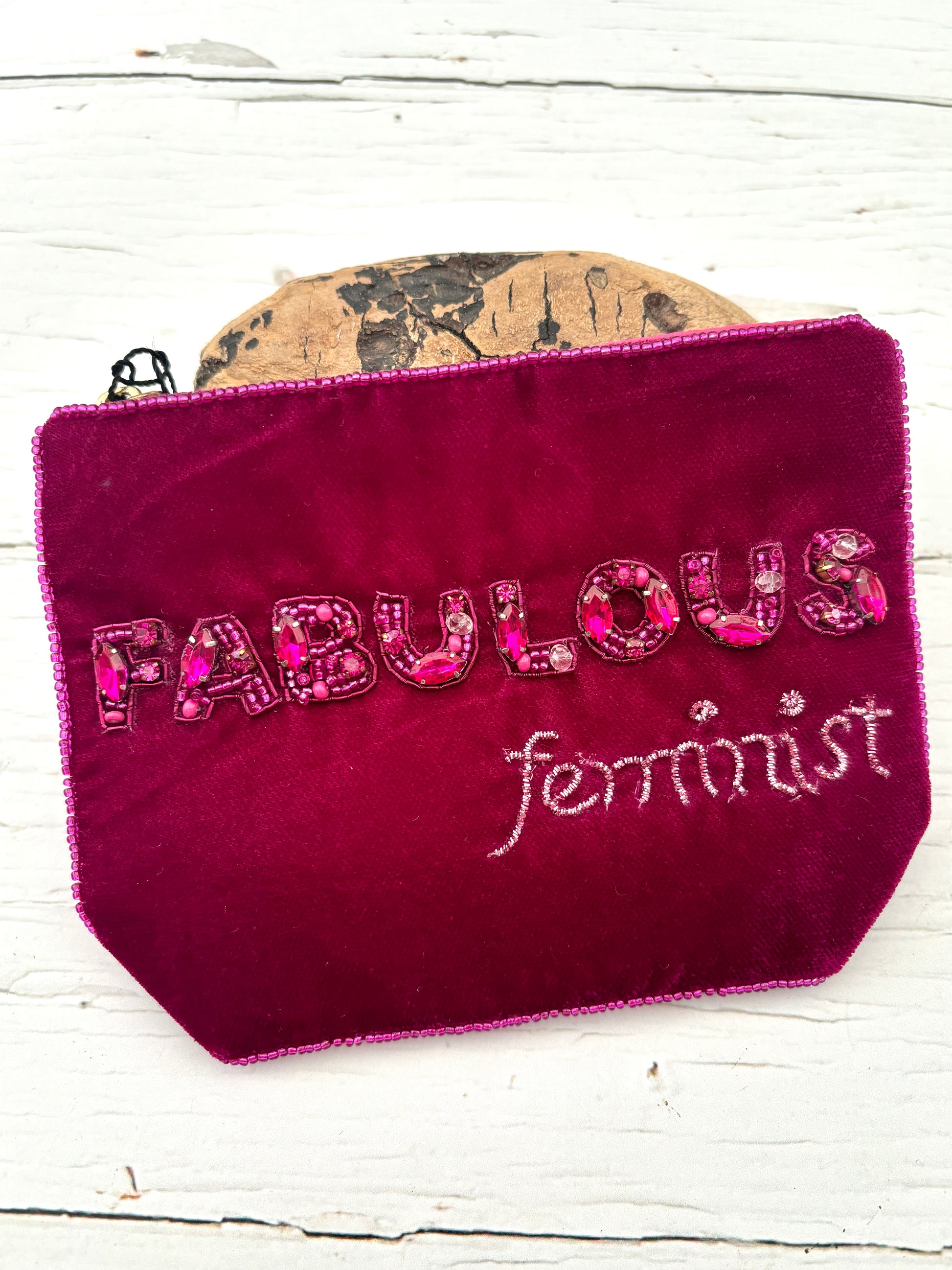 Fabulous feminist pink velvet beaded zipped pouch