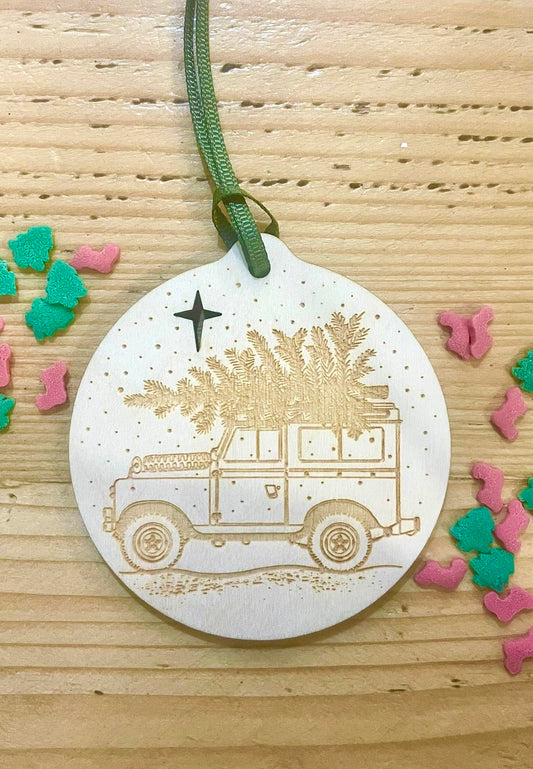 Landrover Tree Wooden Christmas Bauble Decoration