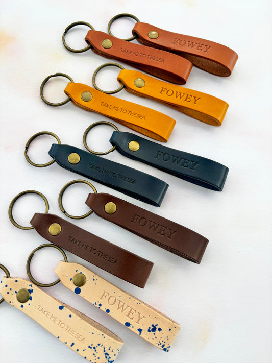 Handmade Stamped Leather Keyring: Fowey or Take Me To The Sea