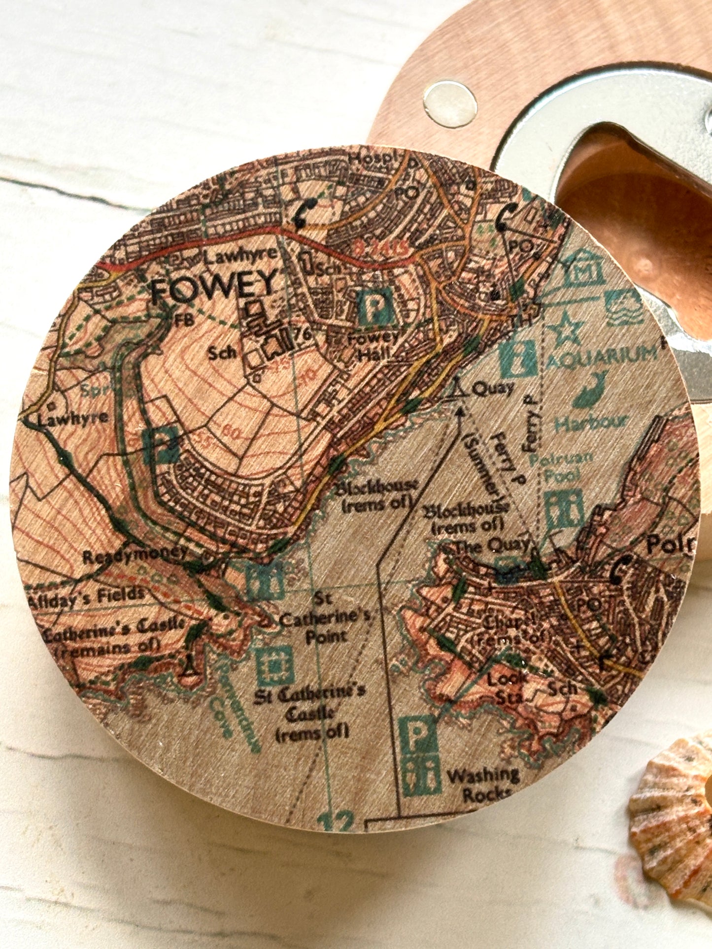 Wooden Fowey Magnetic Map Bottle Opener
