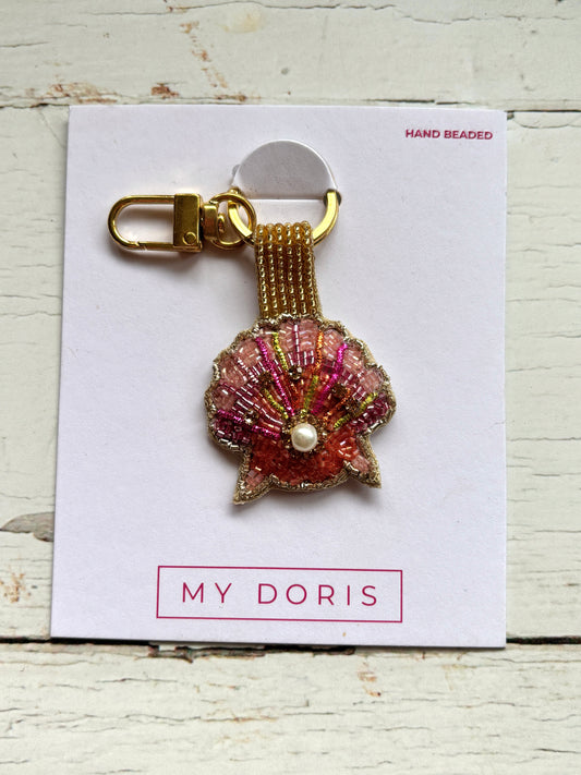 Beaded Pink & Gold Sea Shell Key Ring Fob Bag Clip