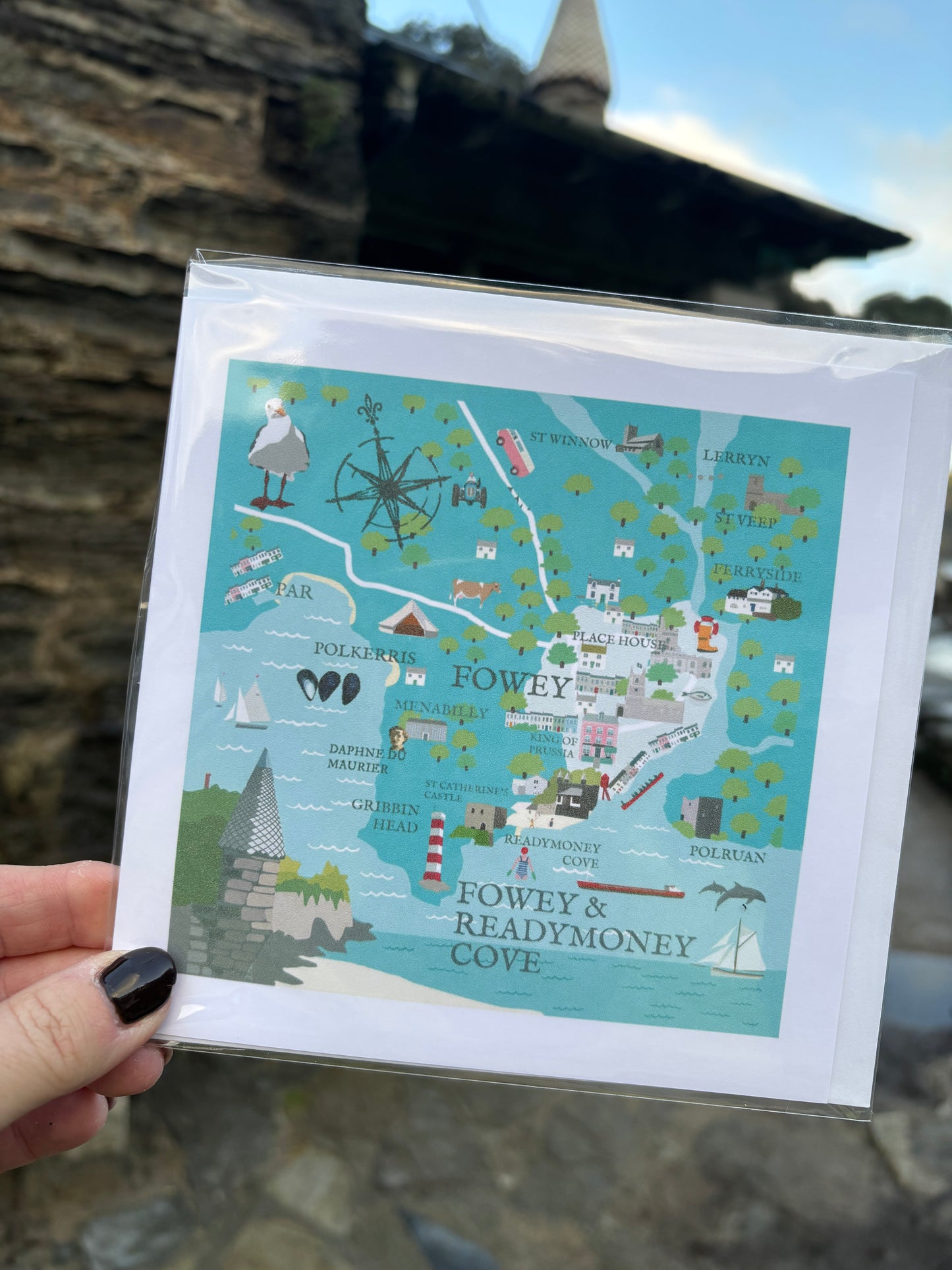 Fowey Landmarks Square Greetings Card