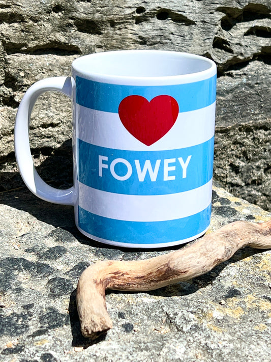 Blue & white striped ceramic mug with the word Fowey and a red heart 