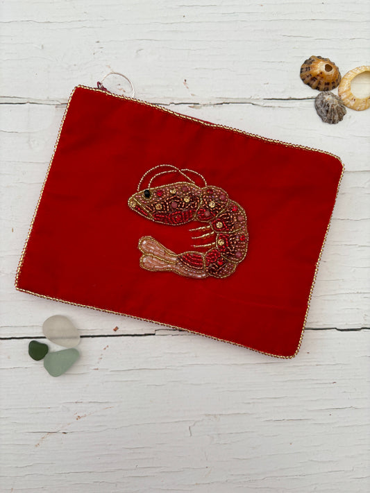 Beaded Prawn Red Velvet Zip Purse