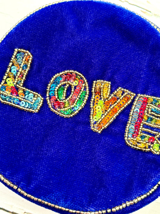 Love Sequinned Round Blue Velvet Coin Zip Purse