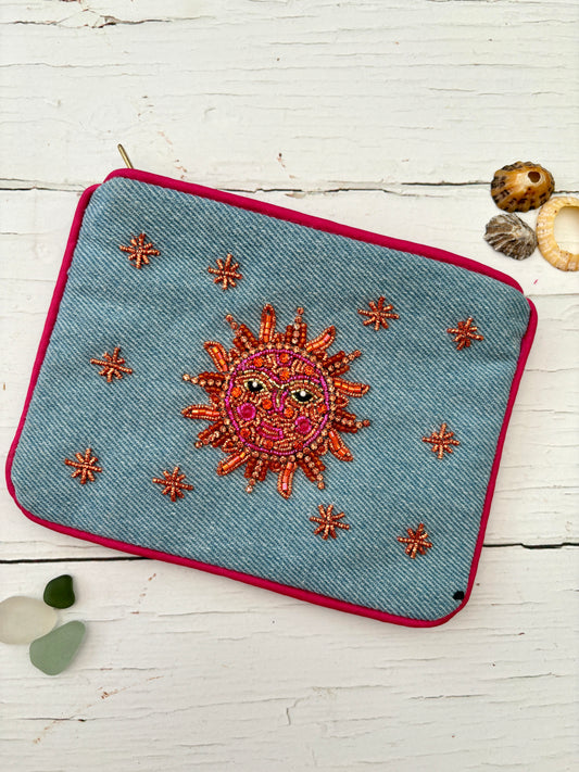 Beaded Denim Sunburst Purse in Pink & Orange