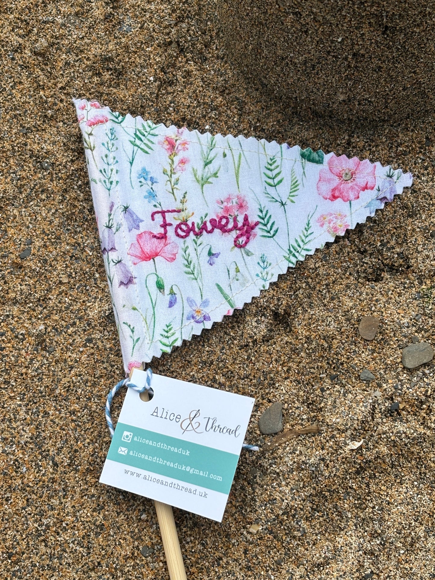 Handmade Embroidered Fowey & Cornwall Sandcastle Fabric Flags