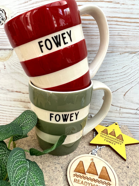 Festive Cornishware Fowey striped mug: red & green, 12oz