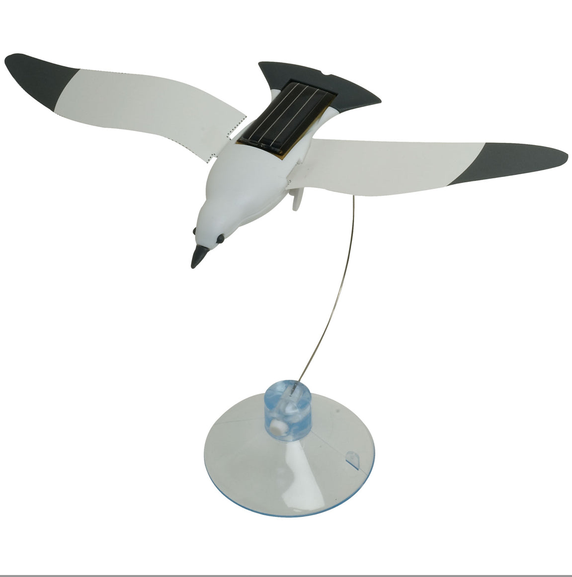 a solar powered flying seagull attached to a suction cup