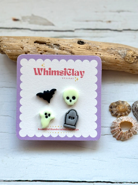 Halloween Spooky Set of 4 Stud Earrings: Bat, Gravestone, Skull, Ghost