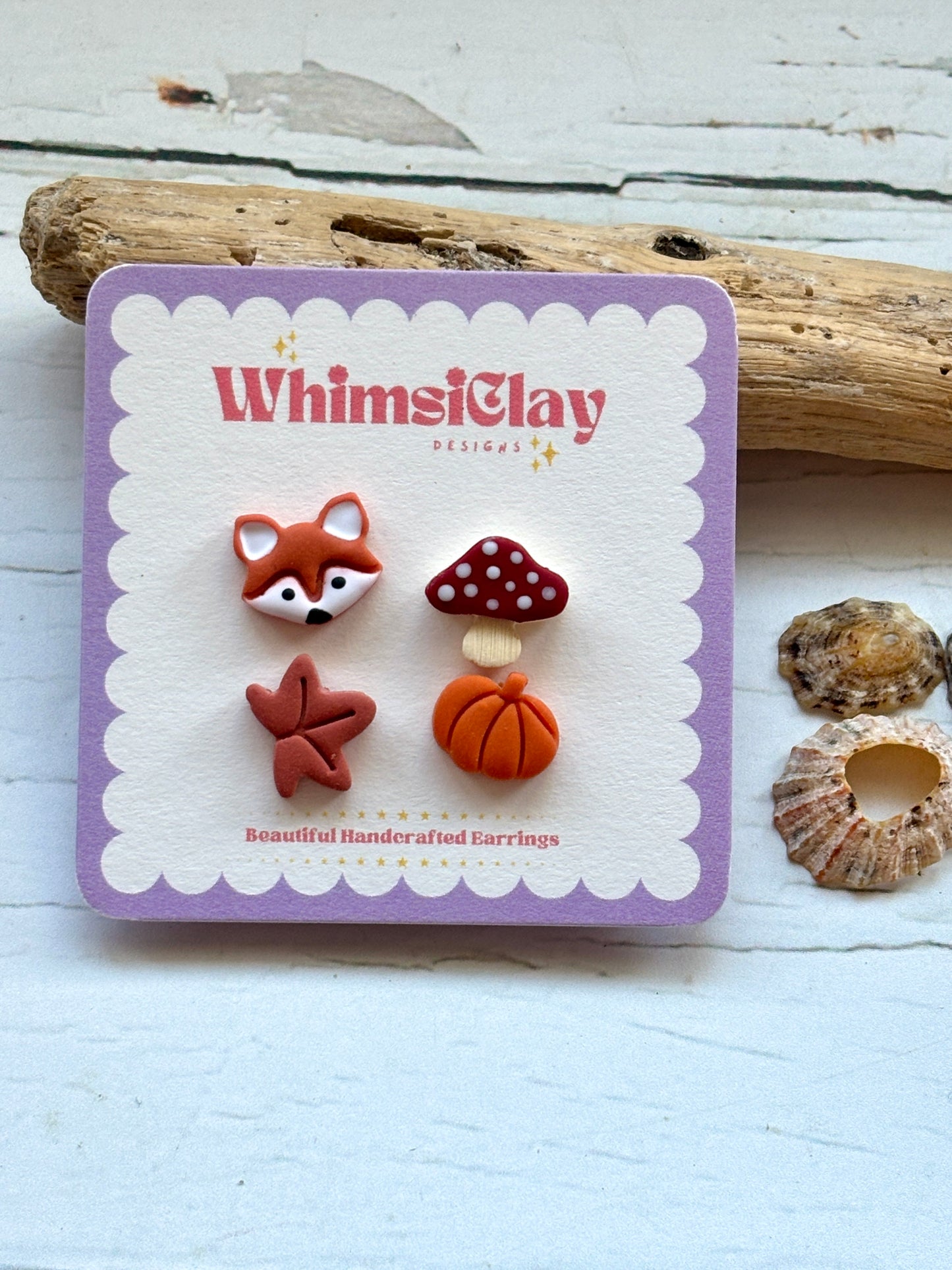 Autumn Inspired Set of 4 Stud Earrings: Fox, Toadstool, Leaf, Pumpkin