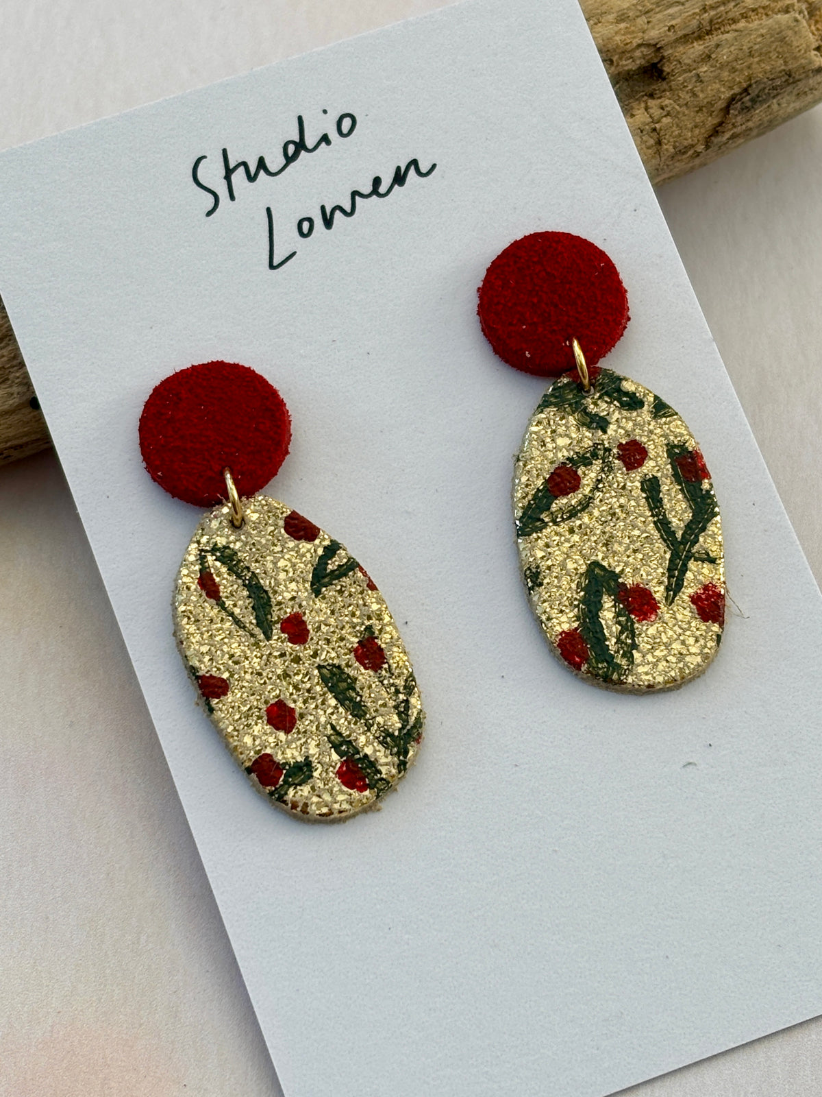 Handpainted Gold Leather Drop Earrings by Studio Lowen