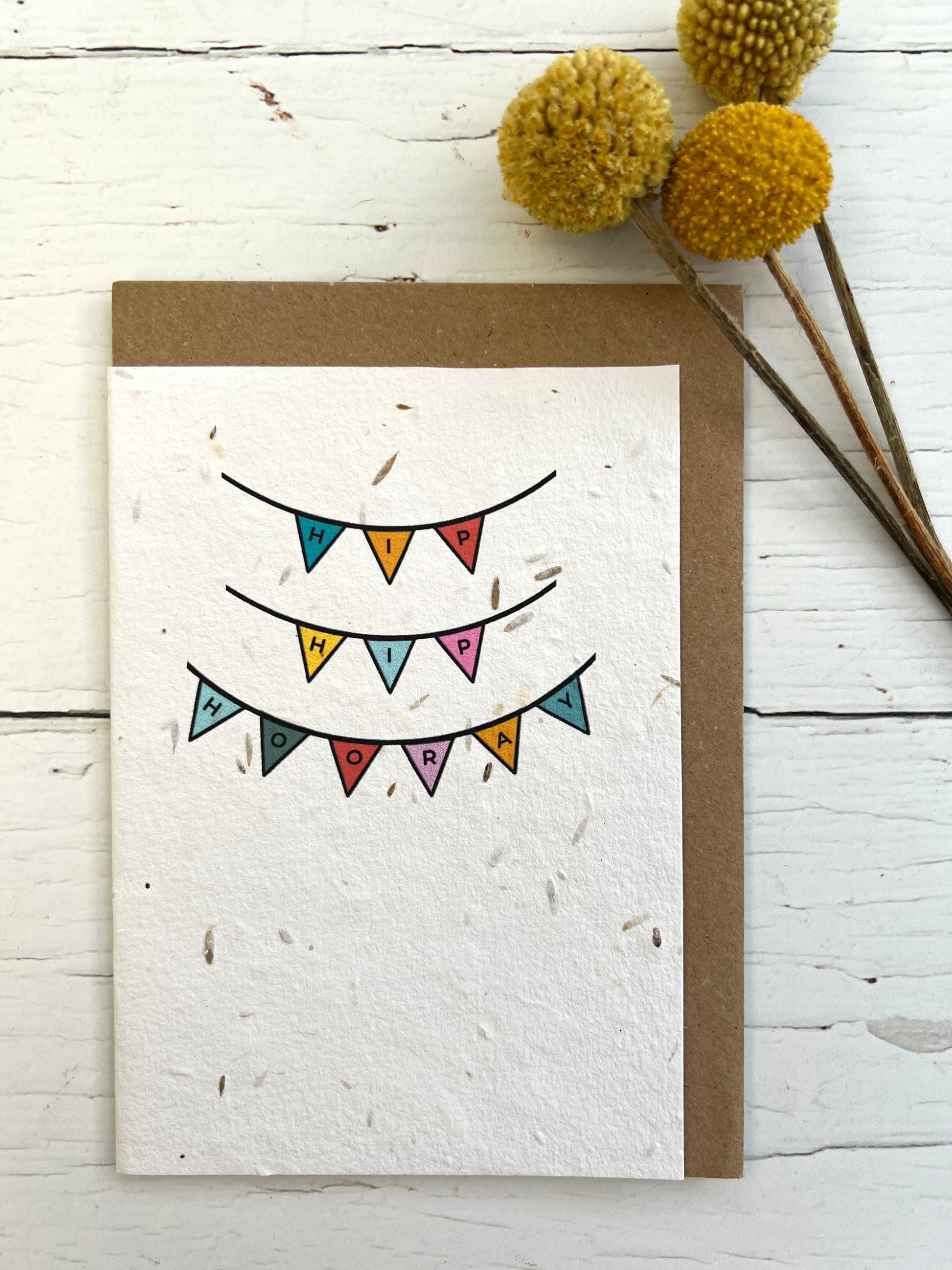 a natural coloured greetings card embedded with meadow seeds. the card is illustrated with three strings of colourful bunting and the words hip hip hooray