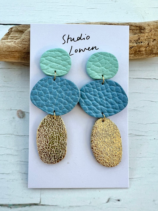 Mint, Blue & Gold Leather Coastal Inspired Drop Earrings by Studio Lowen