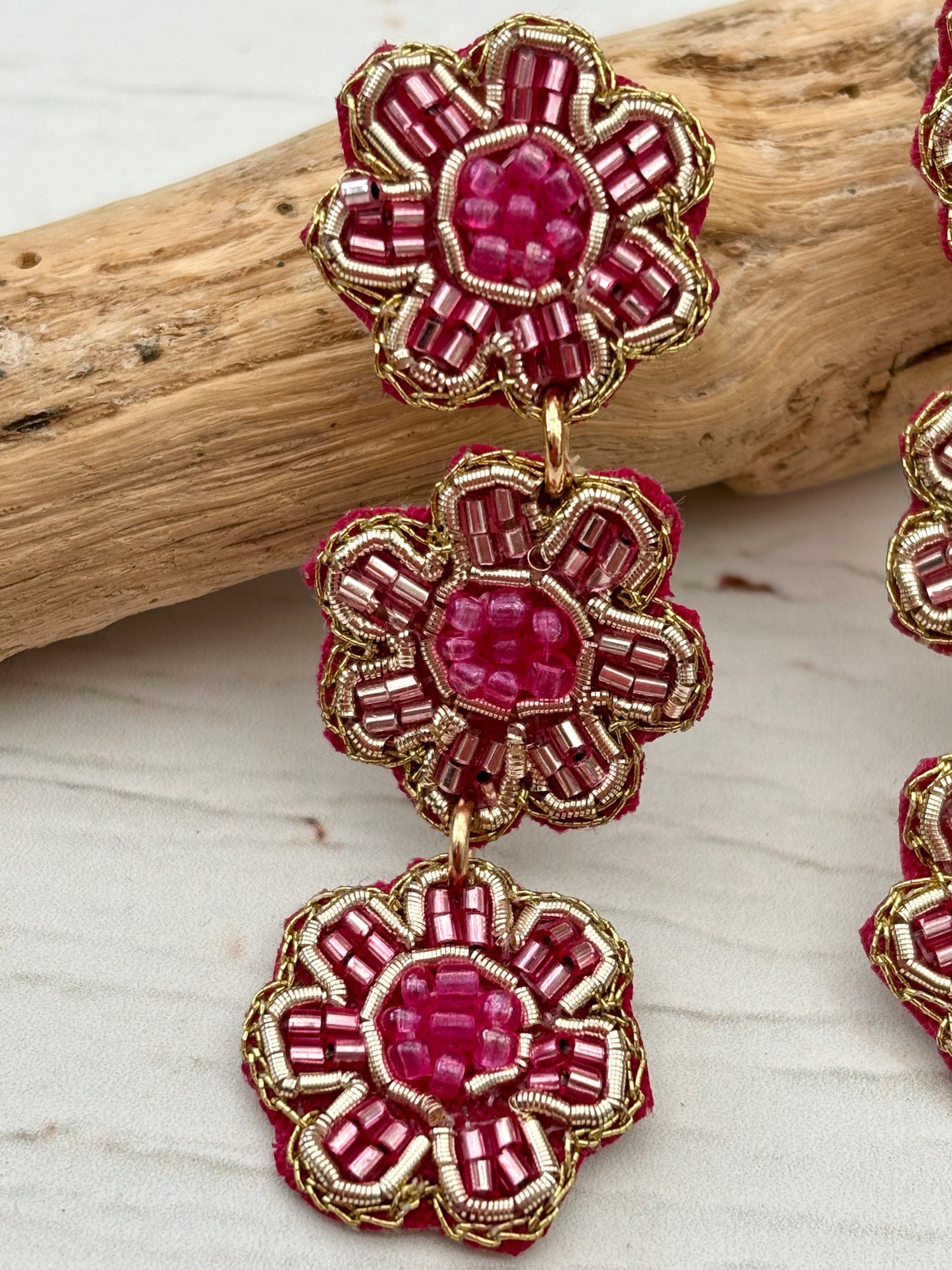 Pink & gold hand beaded flower earrings