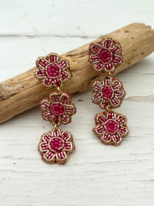 Pink & gold hand beaded flower earrings