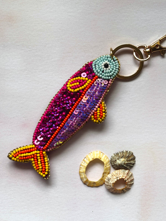 Multi Brights Pink Beaded Fish Keyring or Bag Charm
