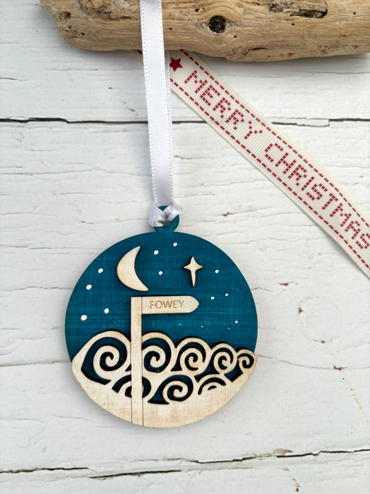 Wooden Fowey signpost Christmas tree decoration