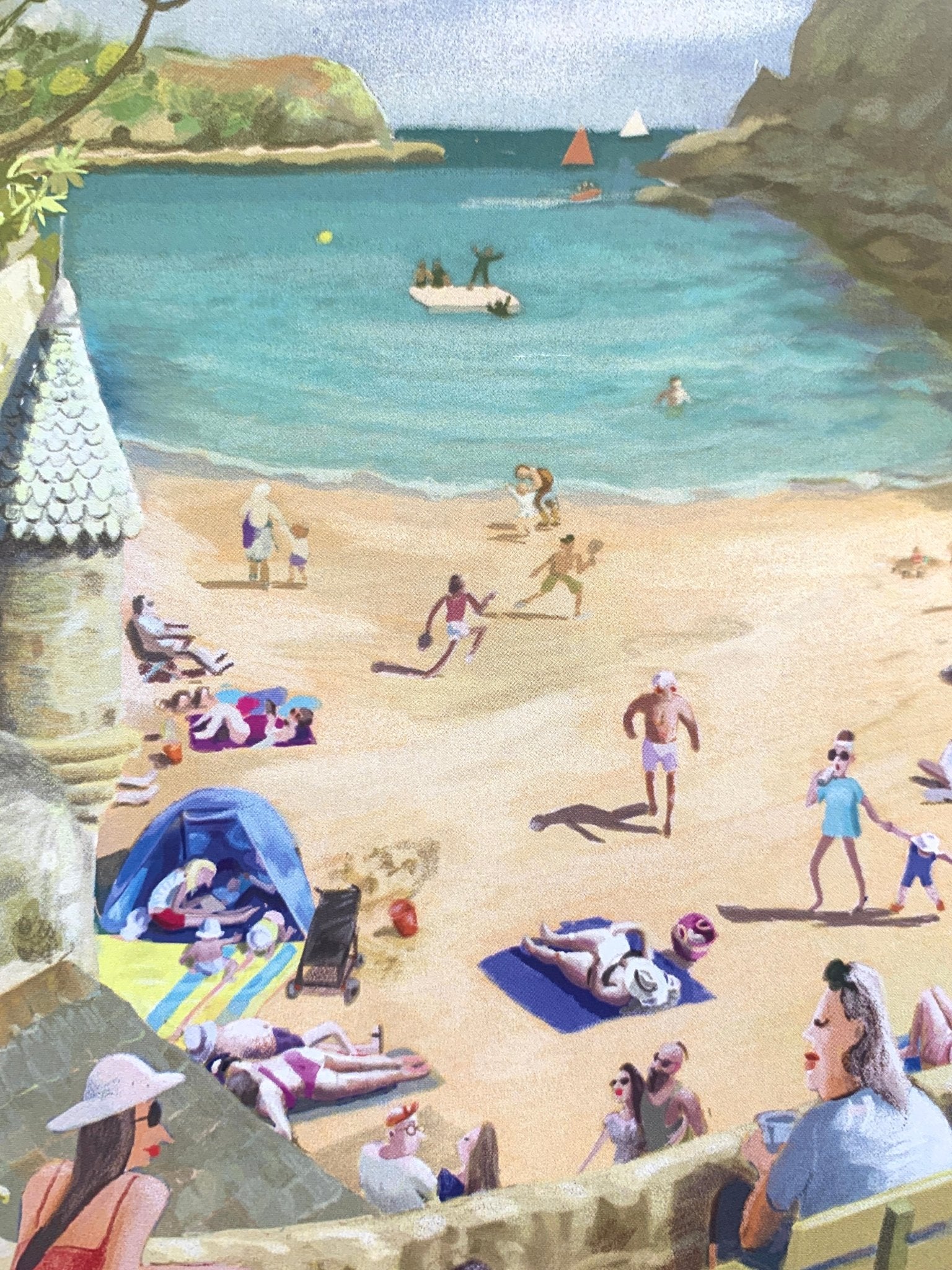 closeup shot of Readymoney Cove beach scene, illustrated beachgoers, families swimming, vintage Cornwall seaside art card