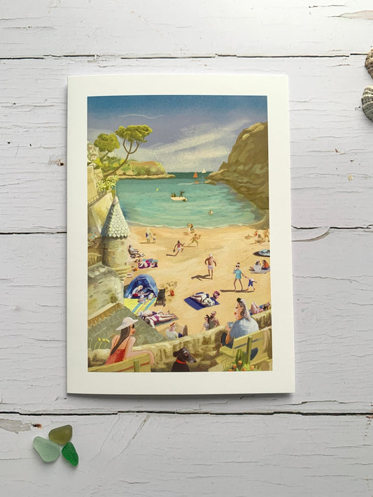 Readymoney beach Cornwall greeting card, retro-style seaside illustration with sunbathers, swimmers, turquoise cove