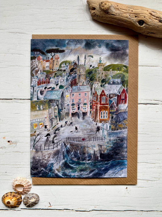 greeting card—stormy coastal town with pastel buildings, swirling waves, and moody sky for ocean lovers and art fans