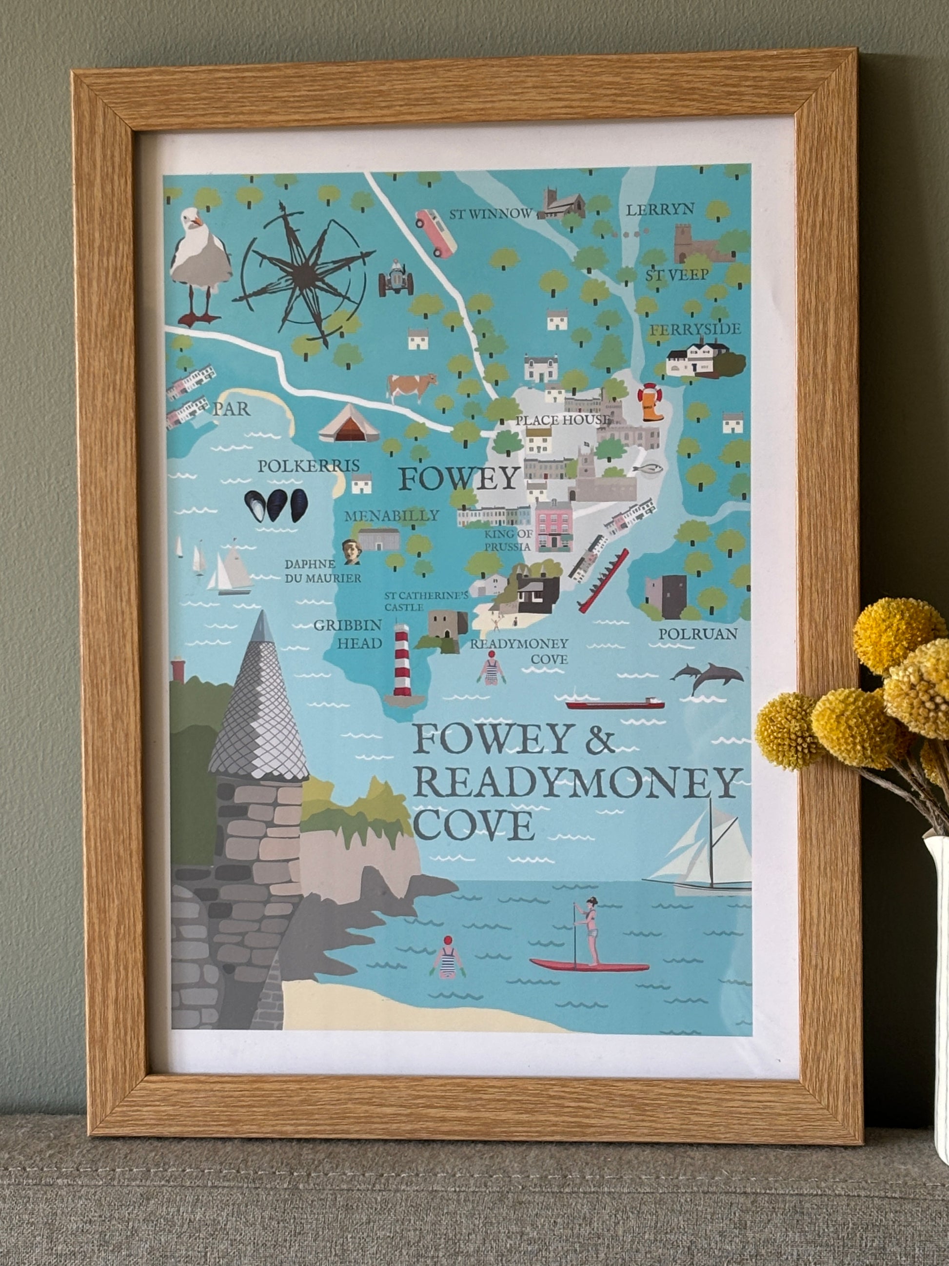 a4 illustrated map print of Fowey & Readymoney Cove, colorful coastal landmarks art for Cornwall lovers and travel decor
