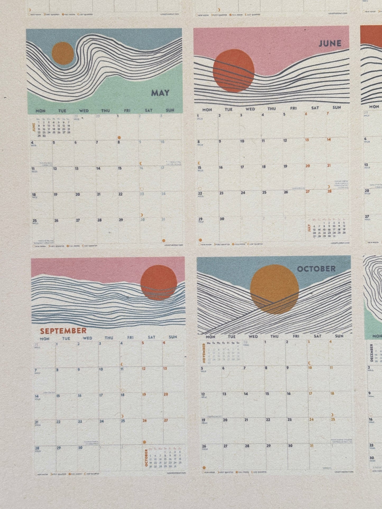 modern abstract ocean art 2026 calendar—artful wave and sun layouts with monthly planner, perfect for coastal décor and gifting
