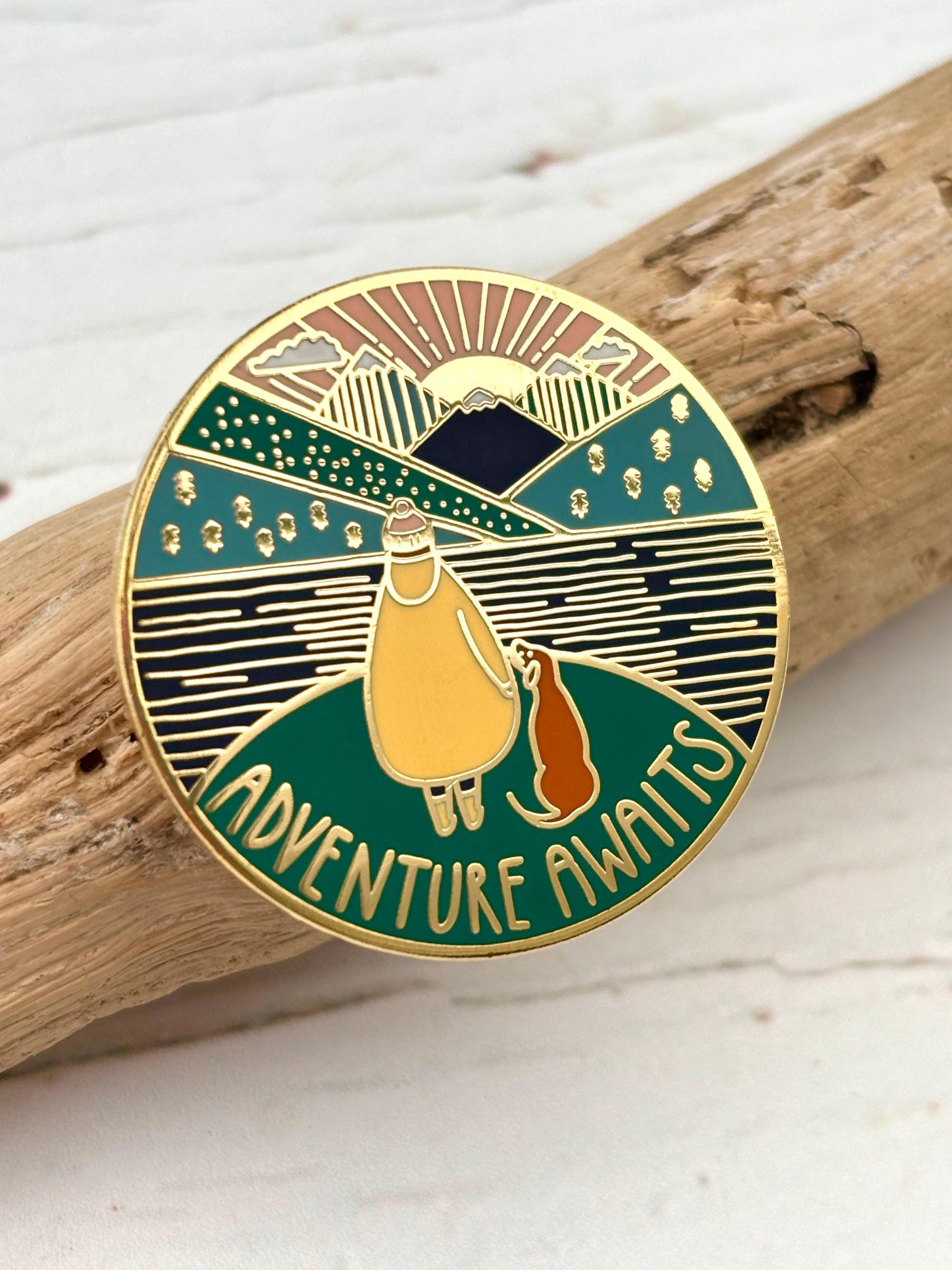 adventure awaits enamel pin badge, hiker with dog silhouette, mountain sunrise, gold hard enamel outdoor jewelry