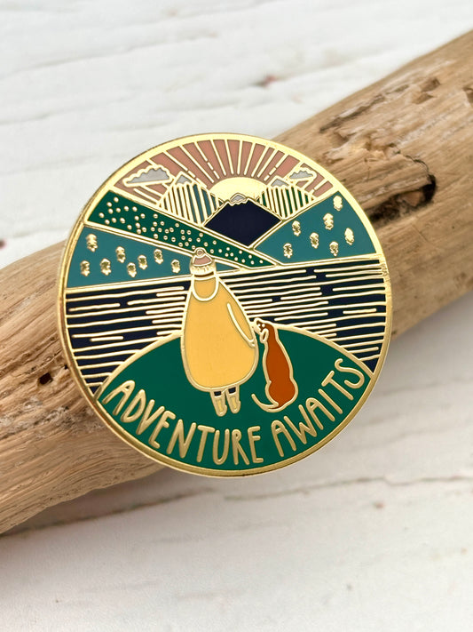 adventure awaits enamel pin badge, hiker with dog silhouette, mountain sunrise, gold hard enamel outdoor jewelry