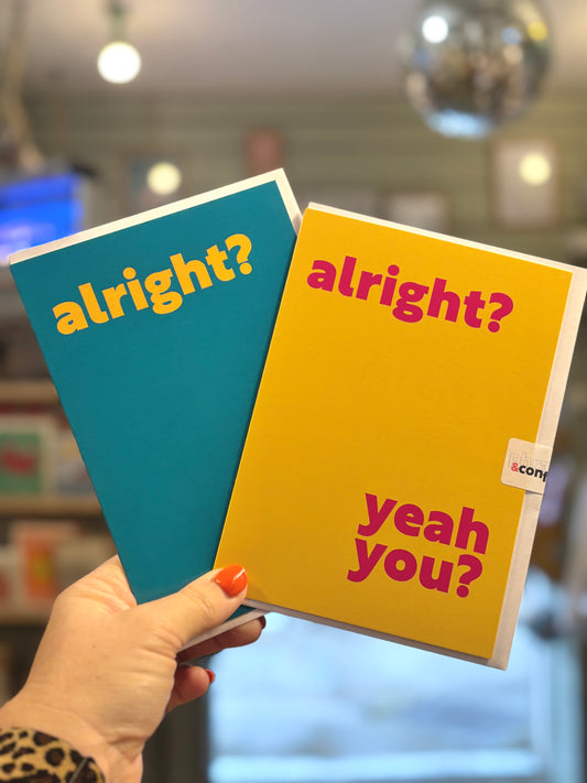 alright yeah you Cornish greeting cards set, teal and yellow bold typography, funny Cornwall dialect phrase stationery