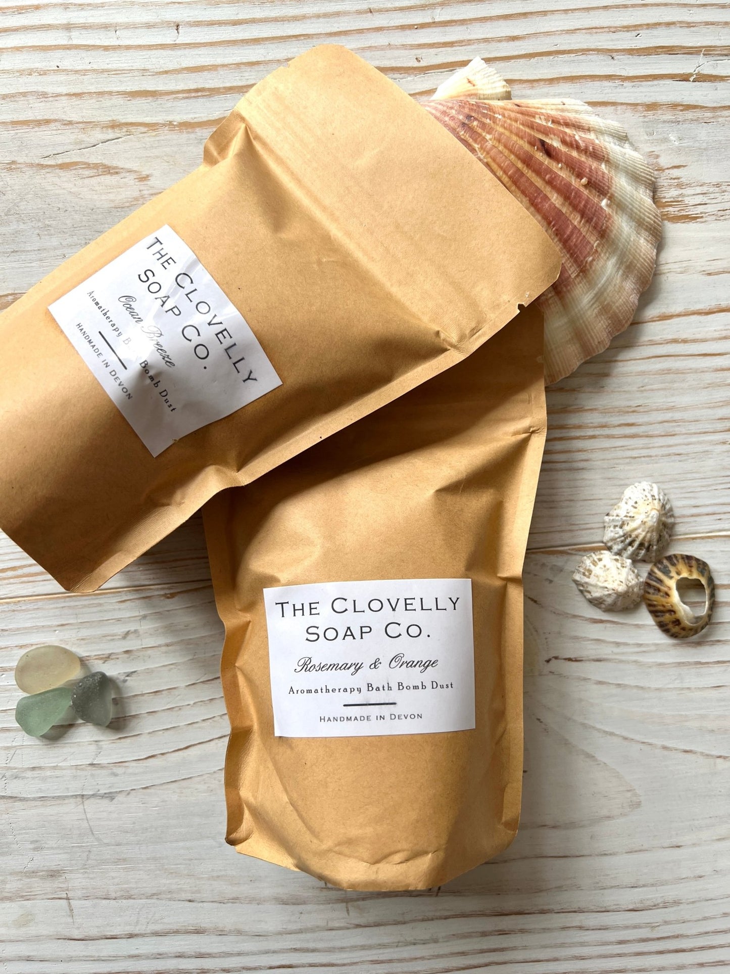 handmade bath bomb dust in kraft bags, Rosemary Orange aromatherapy and Ocean Breeze, coastal spa product
