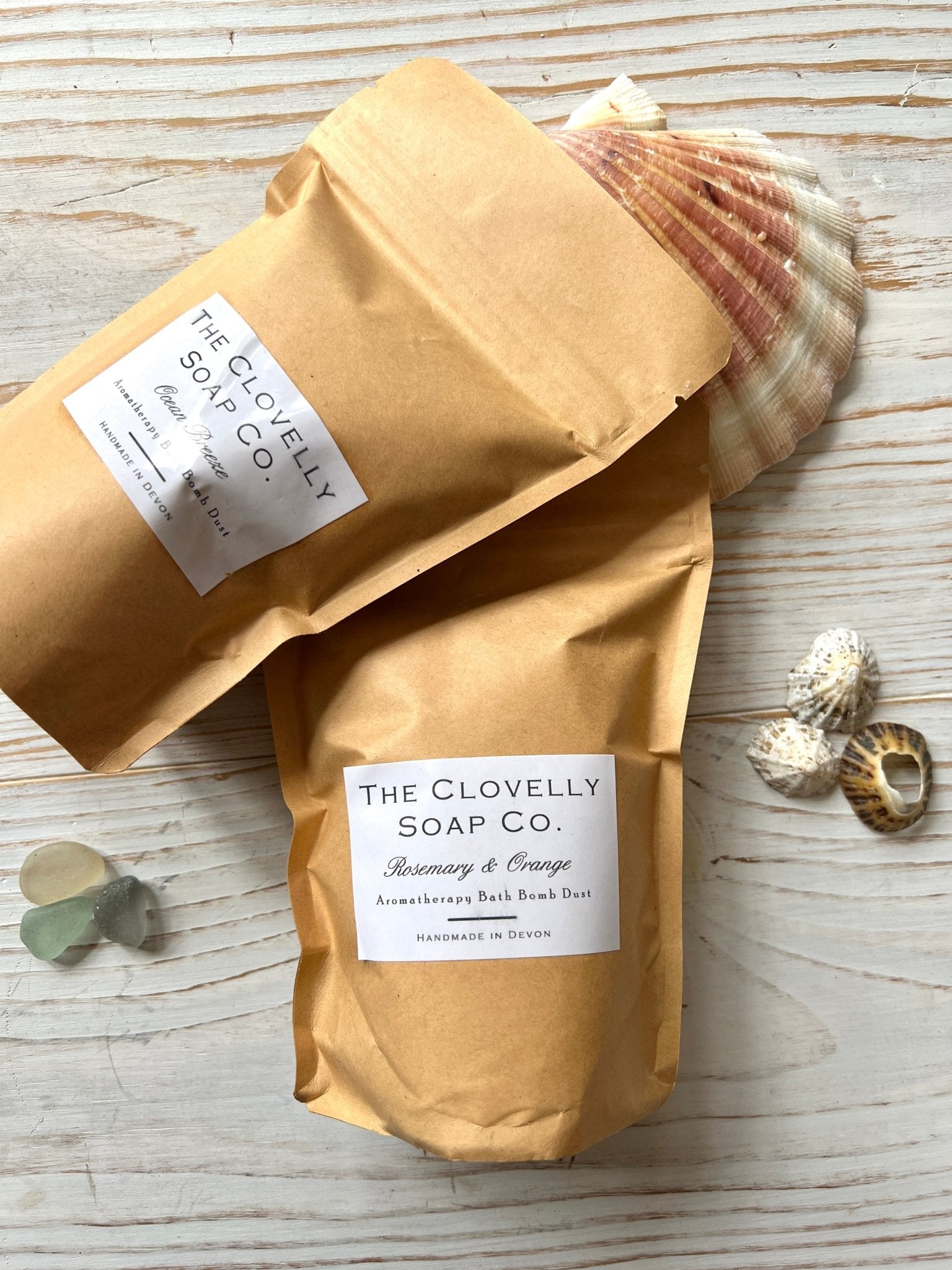 handmade bath bomb dust in kraft bags, Rosemary Orange aromatherapy and Ocean Breeze, coastal spa product
