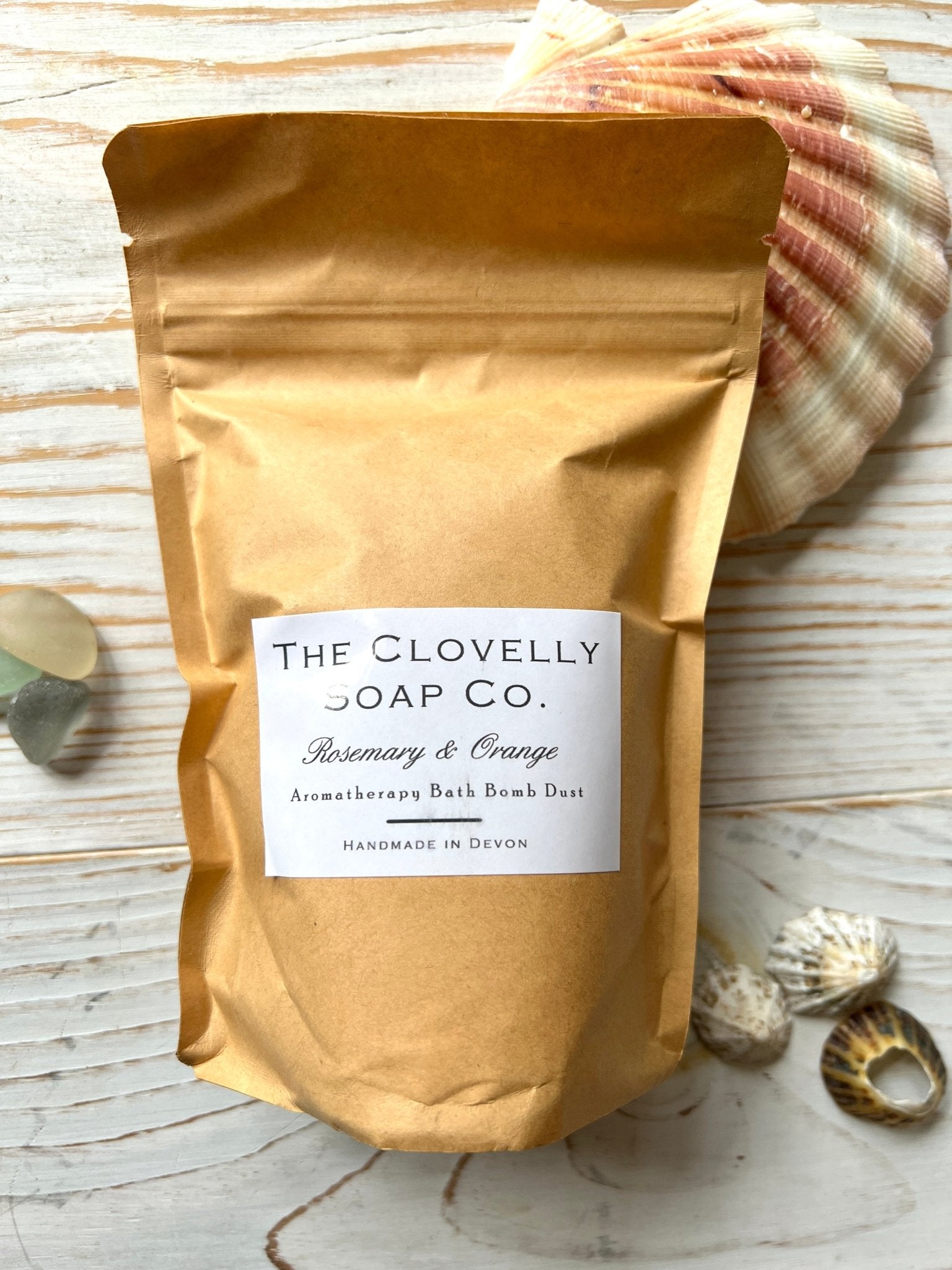 rosemary orange bath bomb dust, Clovelly Soap Co, handmade Devon aromatherapy product, eco-friendly kraft pouch