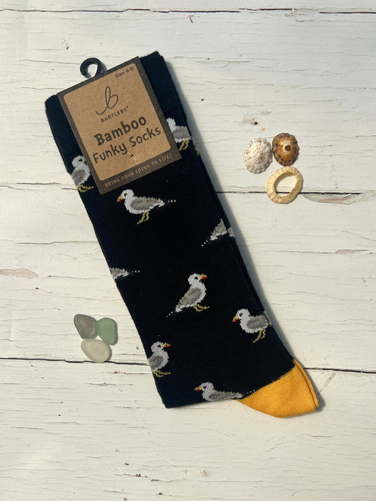 Bamboo Funky Socks: Cheeky Seagulls (black & yellow) - Readymoney Beach Shop